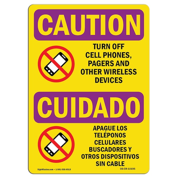 OSHA RADIATION, Turn Off Cell Phones Bilingual, 18in X 12in Rigid Plastic, 12" H, 18" W, Landscape